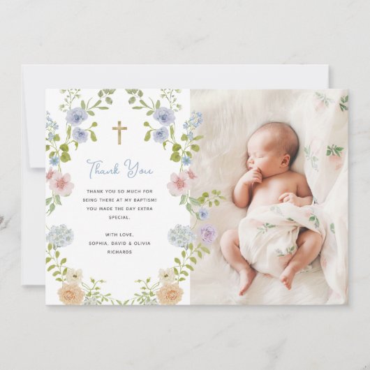 Floral Pastel Lijst en Gold Cross | doop Bedankkaart (Voorkant)
