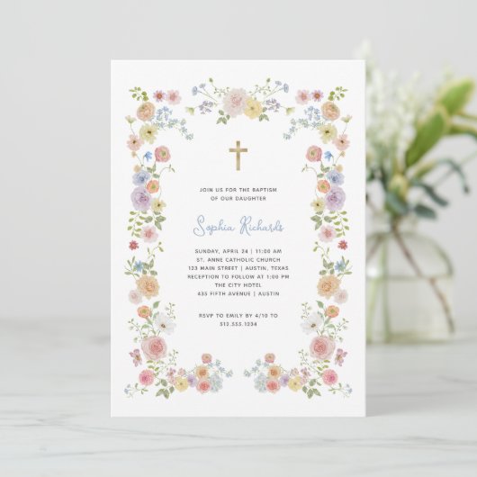 Floral Pastel Lijst en Gold Cross | doop Kaart (Staand voorkant)