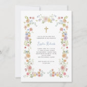 Floral Pastel Lijst en Goudkruis Eerste Communie Kaart (Voorkant)