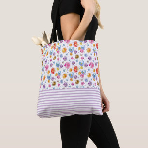 Floral Pastel Pansy Paarse Stripe Pattern Tekening Tote Bag