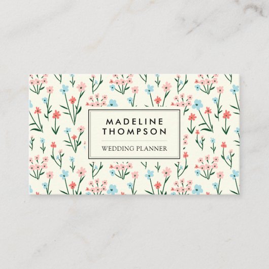 Floral Pastel Pink Blue Flowers Pattern QR Code Visitekaartje (Voorkant)