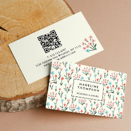 Floral Pastel Pink Blue Flowers Pattern QR Code Visitekaartje