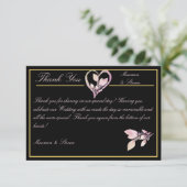 Floral Pastel Pink & Gold op Elegant Black Wedding Bedankkaart (Staand voorkant)
