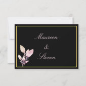 Floral Pastel Pink & Gold op Elegant Black Wedding Bedankkaart (Achterkant)