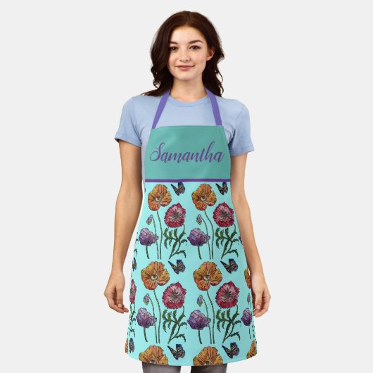 Floral Pastel Poppy Aqua Womans Art Schort (Gedragen)