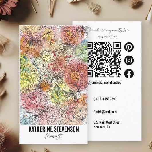 Floral Pastel Waterverf en Ink Art bloemist Visitekaartje