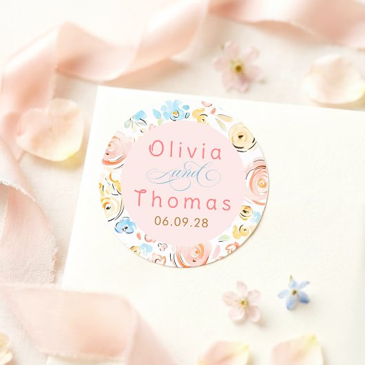 Floral Pastel Whimsical Elegant Wedding Ronde Sticker