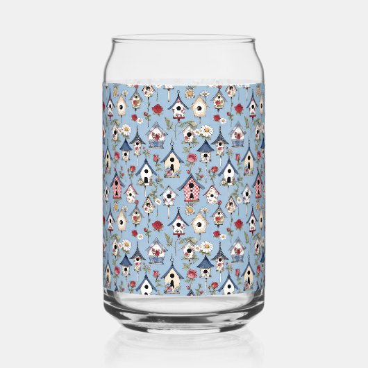 Floral Patchwork Birdhouses & Sky Blue Background Blikvorm Glas (Voorkant)