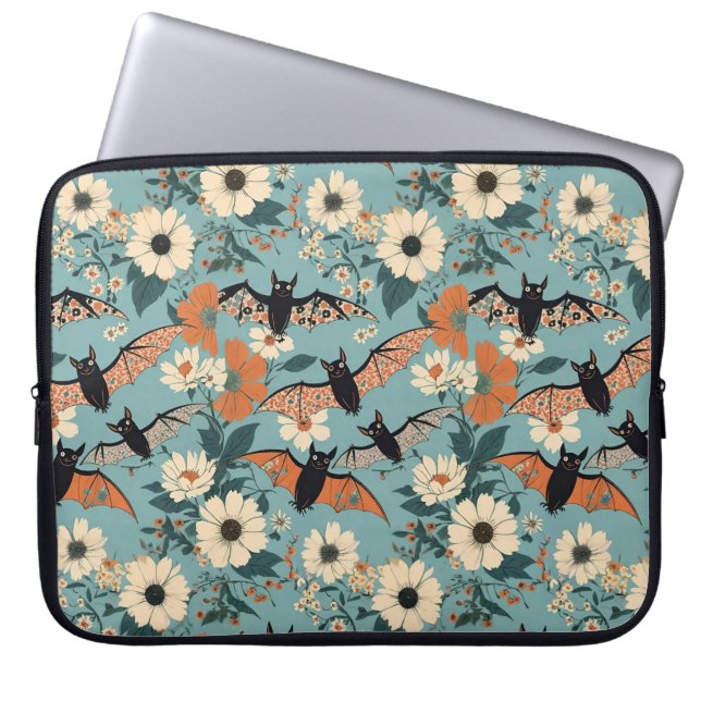 Floral Patchwork Halloween Bats & Flowers Laptop Sleeve (Voorkant)