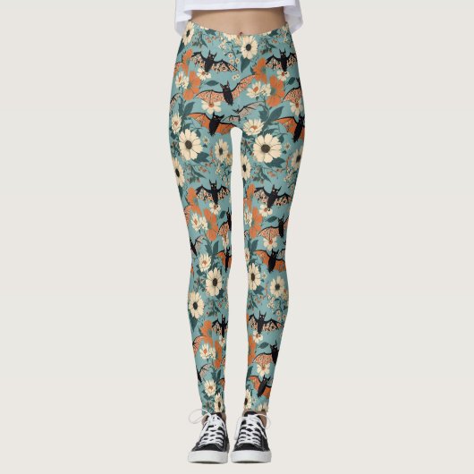 Floral Patchwork Halloween Bats & Flowers Leggings (Voorkant)