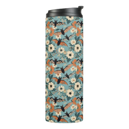 Floral Patchwork Halloween Bats & Flowers Thermosbeker (Gedraaid links)