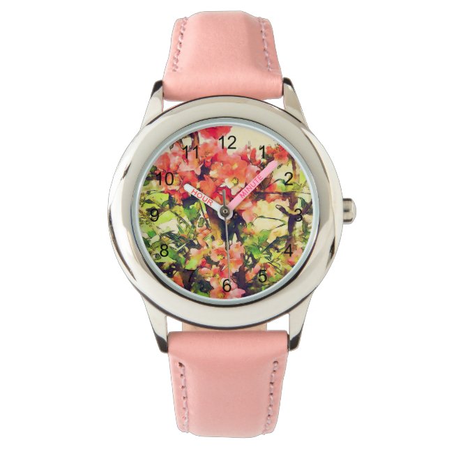 Floral Patroon 1 rode roze Waterverf Horloge (Voorkant)