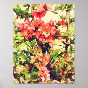 Floral Patroon 1 rode roze Waterverf Poster