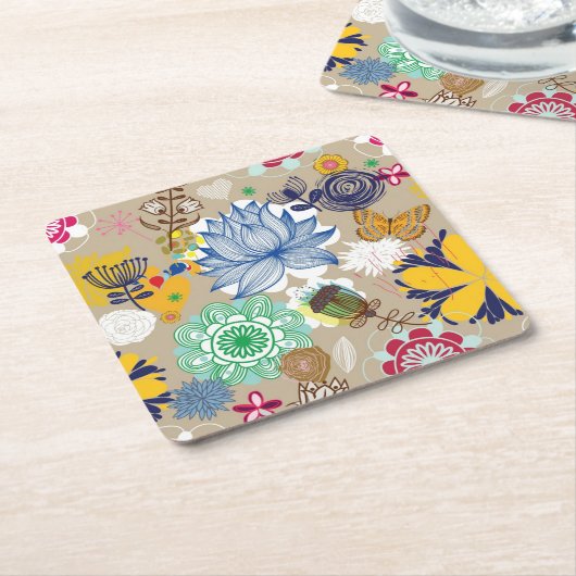 Floral patroon in retro-stijl 3 kartonnen onderzetters (Schuin)