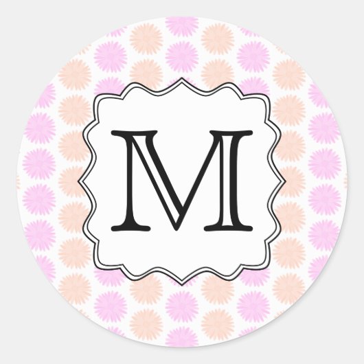 Floral Patroon met de Nota van het Monogram van d Ronde Sticker (Voorkant)