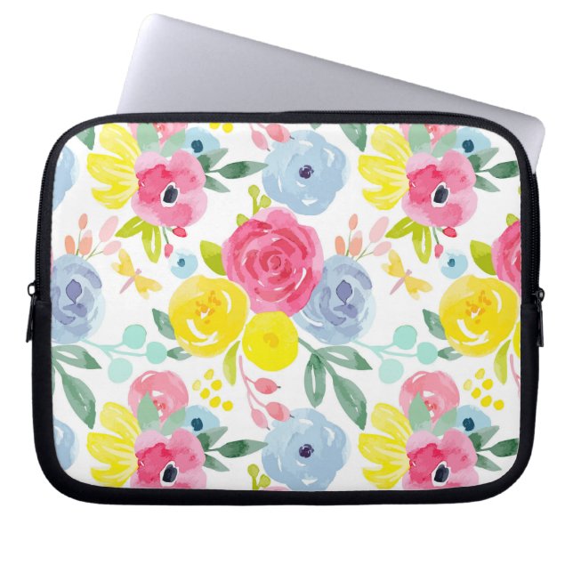 Floral Patroon voor heldere kleurrijke Waterverf Laptop Sleeve (Voorkant)