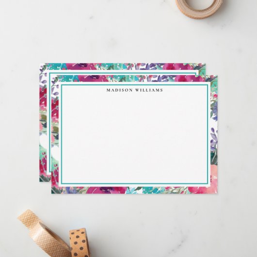 Floral Patroon voor kleurrijke Waterverf met naam Notitiekaartje (Voorkant / Achterkant in situ)