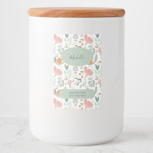 Floral patroonnaam en gepersonaliseerde tekst voedselcontainer etiket (Voorkant)