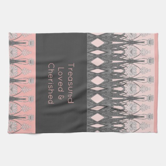 Floral pattered decoratief roze en grijs theedoek (Horizontaal)