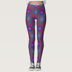 Floral pattern.05.FR.Bluex4b Red BG Leggings