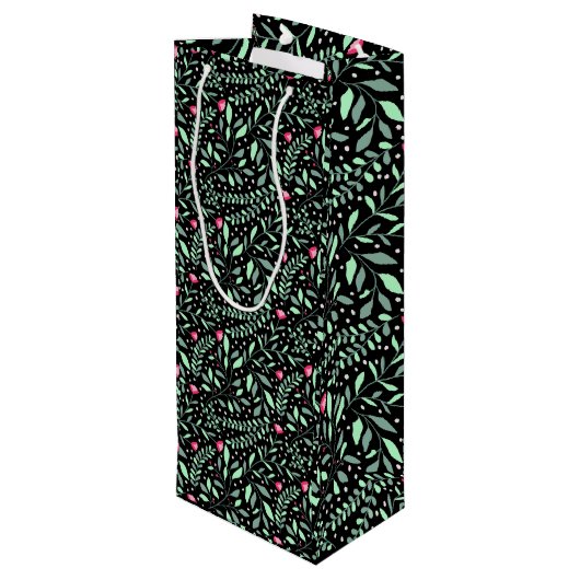 Floral pattern.05.FR.pink en groene zwarte BG Wijn Cadeautas (Achterkant Gekanteld)