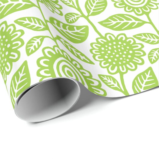 Floral Pattern 280313 - Martian Green over White Cadeaupapier (Rol Hoek)