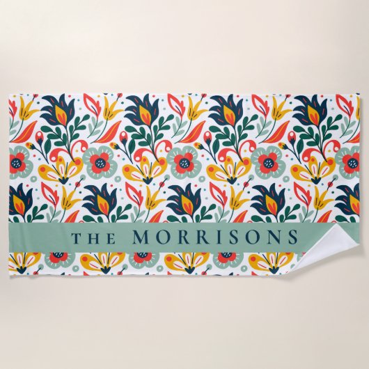 Floral Pattern Aangepaste persoonlijke achternaam Strandlaken (Voorkant)