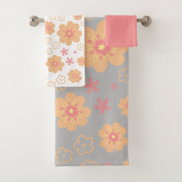 Floral Pattern and Plain Pink Towel Set Bad Handdoek