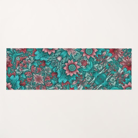 Floral Pattern, Aqua, Teal, Turquoise and Gray Yogamat (Voorkant (horizontaal))