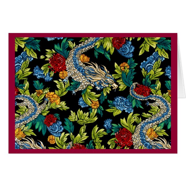 Floral Pattern Asian Dragon Note Card (Voorkant Horizontaal)