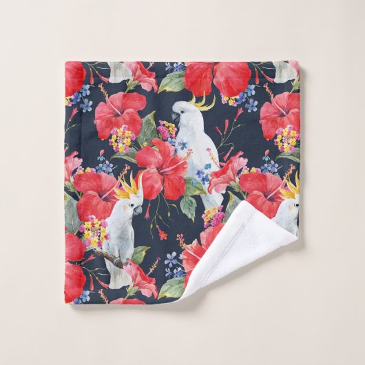 Floral Pattern Birds Flowers Foliage Red Hibiscus Bad Handdoek (Wasdoekje)