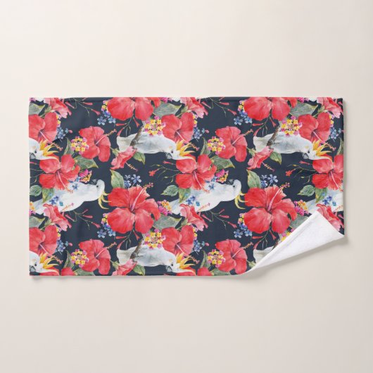 Floral Pattern Birds Flowers Foliage Red Hibiscus Bad Handdoek (Handdoek)