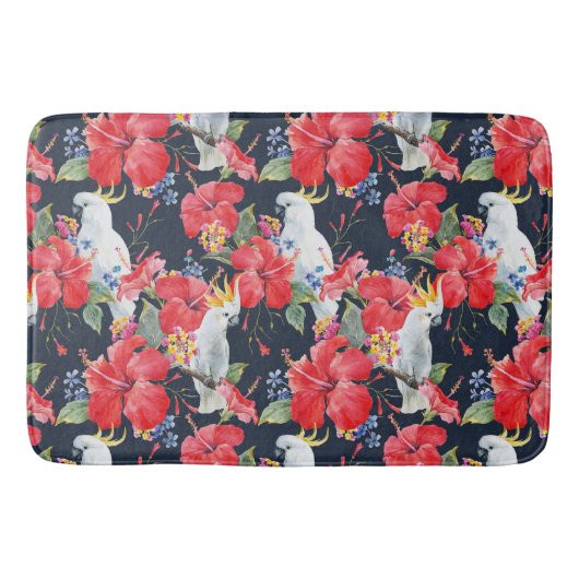 Floral Pattern Birds Flowers Foliage Red Hibiscus Badmat (Voorkant)