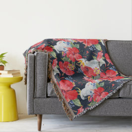 Floral Pattern Birds Flowers Foliage Red Hibiscus Deken