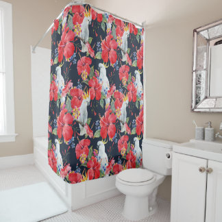 Floral Pattern Birds Flowers Foliage Red Hibiscus Douchegordijn