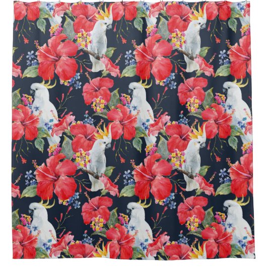 Floral Pattern Birds Flowers Foliage Red Hibiscus Douchegordijn (Voorkant)