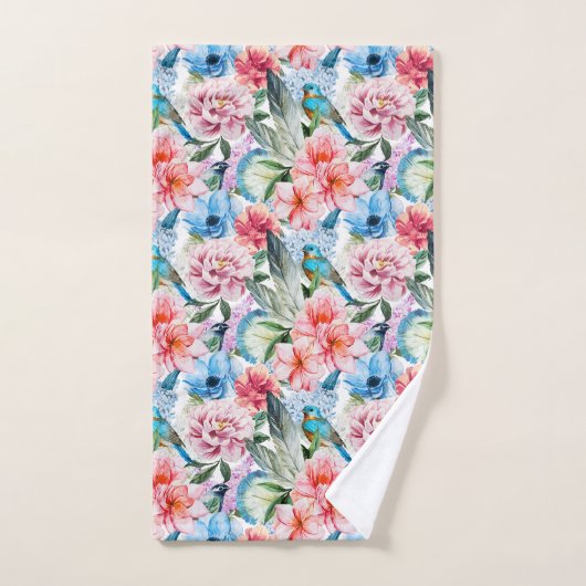 Floral Pattern Birds Foliage Flowers Green Blue Bad Handdoek (Handdoek)
