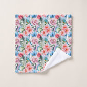 Floral Pattern Birds Foliage Flowers Green Blue Bad Handdoek (Wasdoekje)