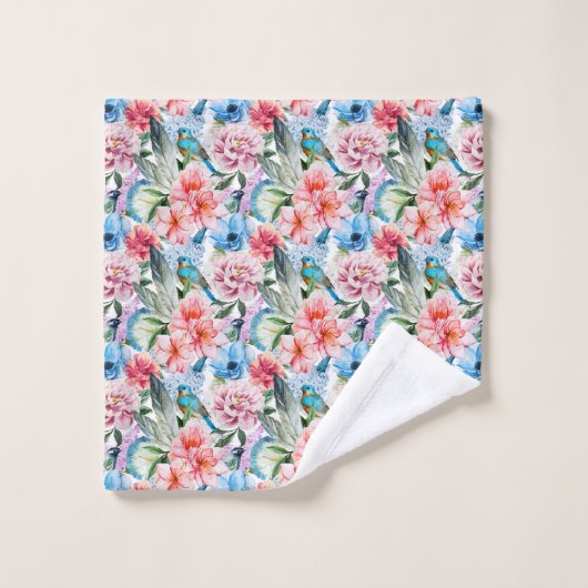 Floral Pattern Birds Foliage Flowers Green Blue Bad Handdoek (Wasdoekje)