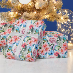 Floral Pattern Birds Foliage Flowers Green Blue Cadeaupapier