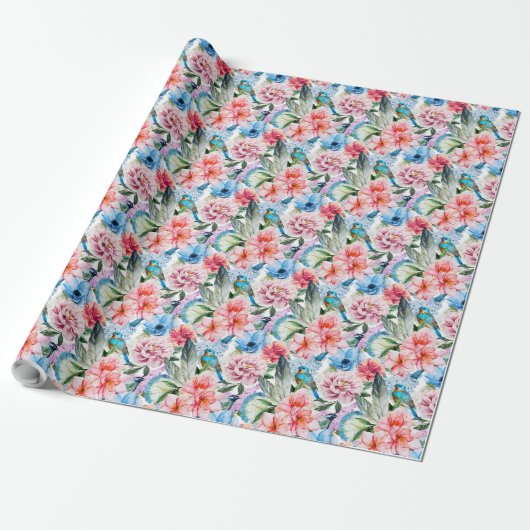 Floral Pattern Birds Foliage Flowers Green Blue Cadeaupapier (Uitgerold)