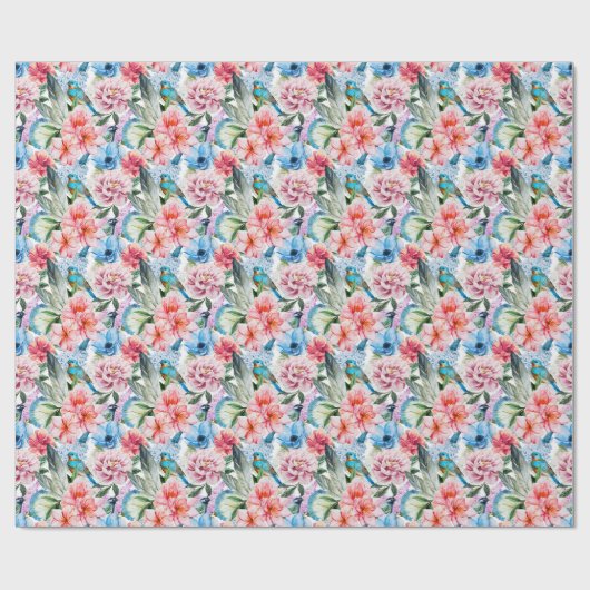 Floral Pattern Birds Foliage Flowers Green Blue Cadeaupapier (Vlak)