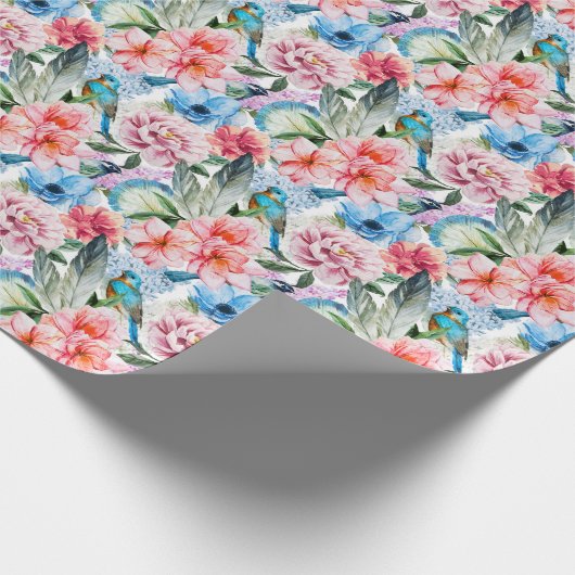 Floral Pattern Birds Foliage Flowers Green Blue Cadeaupapier (Hoek)