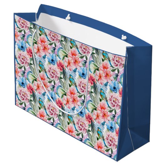 Floral Pattern Birds Foliage Flowers Green Blue Groot Cadeauzakje (Achterkant Gekanteld)