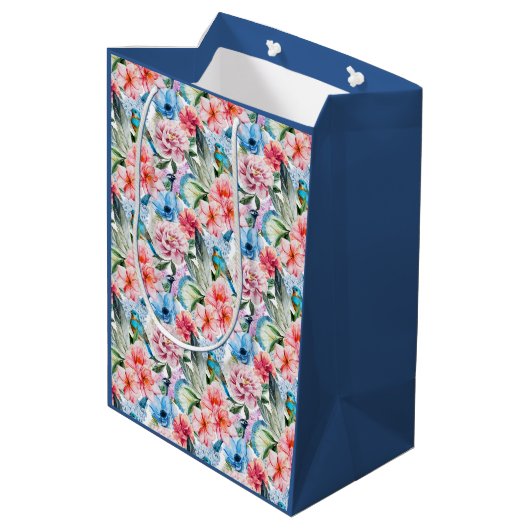 Floral Pattern Birds Foliage Flowers Green Blue Medium Cadeauzakje (Achterkant Gekanteld)