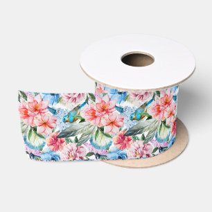 Floral Pattern Birds Foliage Flowers Green Blue Satijnen Lint