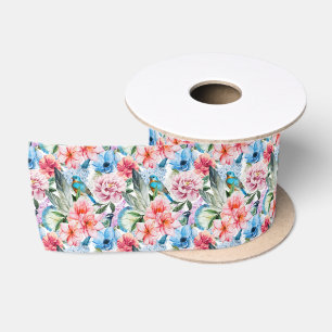 Floral Pattern Birds Foliage Flowers Green Blue Satijnen Lint
