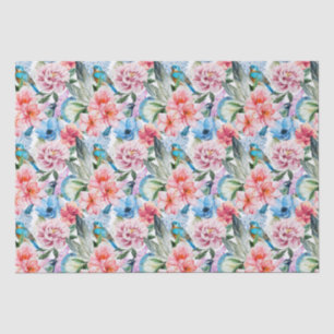 Floral Pattern Birds Foliage Flowers Green Blue Tissuepapier