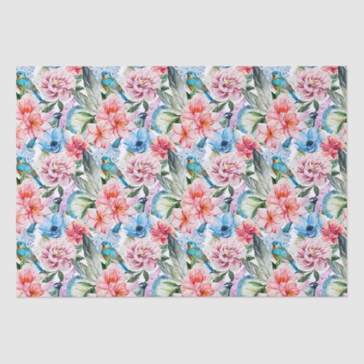 Floral Pattern Birds Foliage Flowers Green Blue Tissuepapier (Voorkant)