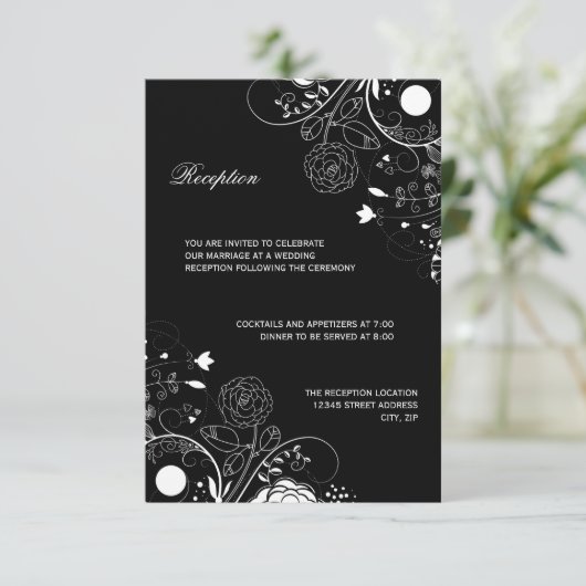 Floral Pattern Black/White - Reception Invitation Kaart (Staand voorkant)